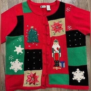 KB Womens Large Cardigan Ugly Sweater Christmas Tree Nutcracker Poinsettia VTG